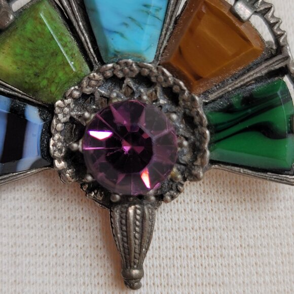 Vintage Miracle Signed Celtic Irish Scottish Faux Stones Fan Shaped Brooch Pin - Picture 7 of 15